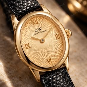 ADW00100897 Daniel Wellington Ladies Golden Guilloché Black Leather Strap 22mm