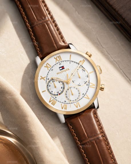 Tommy Hilfiger Mens Two-Tone Day-Date Brown Leather 42mm