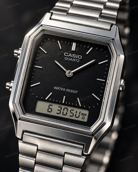 Casio Dual Display Rectangular Steel Black 30mm